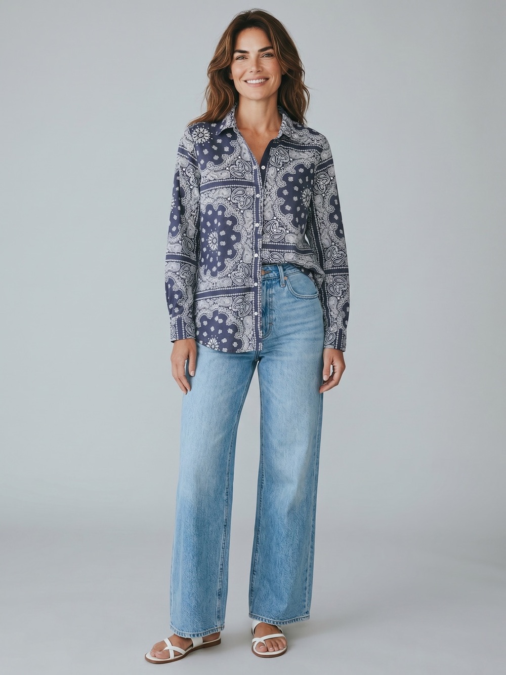 Foxcroft Blue Bandana Print Button Down Shirt Size 10 Long Sleeve Cotton Preppy